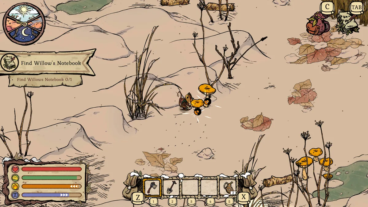 The mouse forages a cluster of orange mushrooms in a hazy tan clearing during the Find Willow's Notebook quest, HUD showing all four meters and an axe and pickaxe already in the toolbar