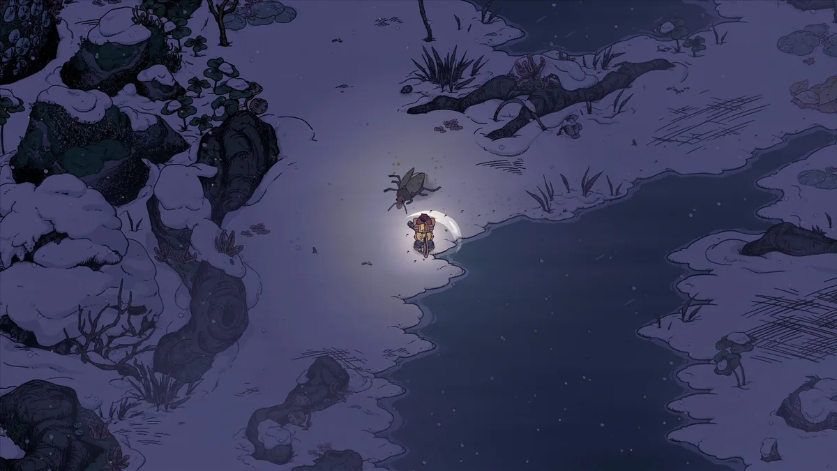 The mouse crouches at the edge of a frozen pond under moonlight as a large flying insect looms overhead in a dark blue night scene