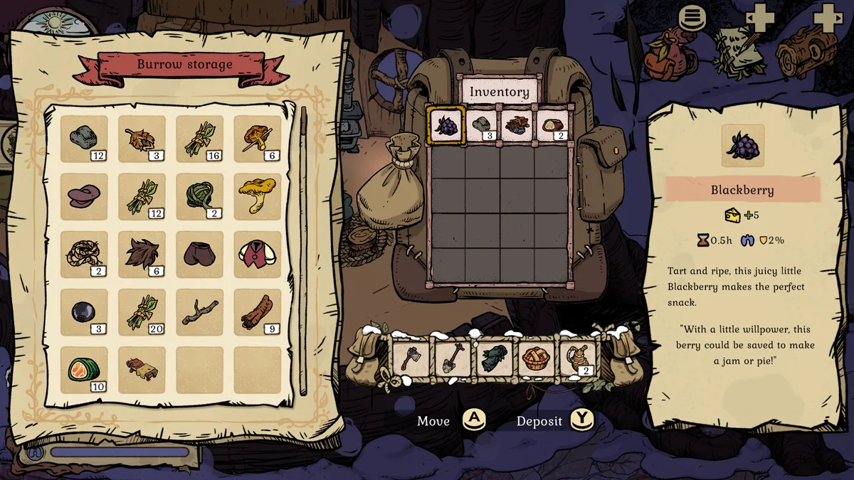 The Burrow storage menu showing rows of stacked resources next to an open backpack, with the Blackberry item card open