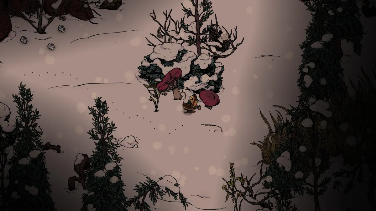 Mouse character standing near a cluster of large dark red mushrooms in a snow-laden pine forest clearing