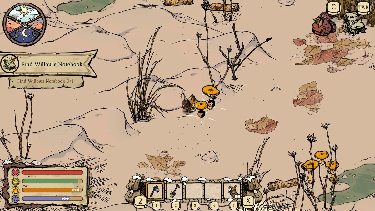 Mouse harvesting orange mushrooms during the Find Willow's Notebook quest, toolbar showing the starting Axe and Pickaxe tools in the first two slots