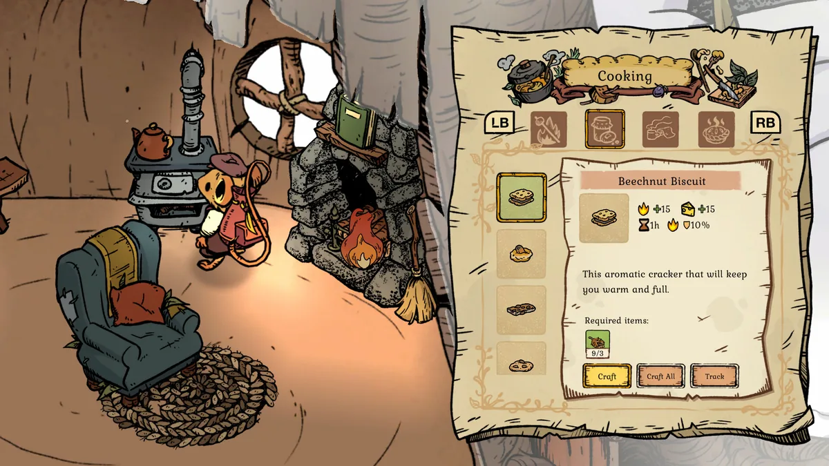 Winter Burrow's cooking menu showing the Beechnut Biscuit recipe with a plus 15 warmth and plus 15 fullness bonus for a one hour craft time