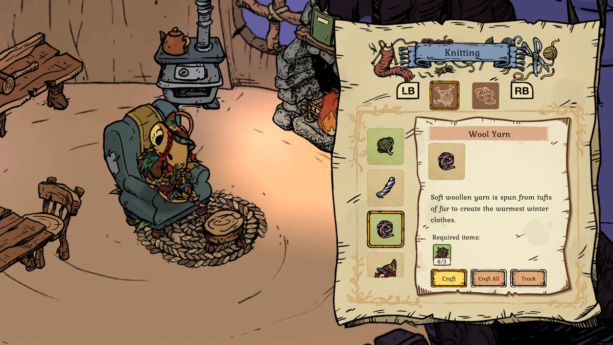 Winter Burrow's Knitting menu showing the Wool Yarn recipe description and a fur icon reading 6/3 under Required items