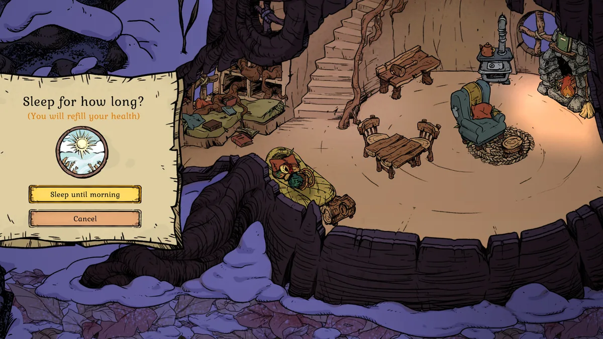 Winter Burrow's sleep prompt inside the burrow reads Sleep for how long with a note that it will refill your health, next to the lit stove and armchair