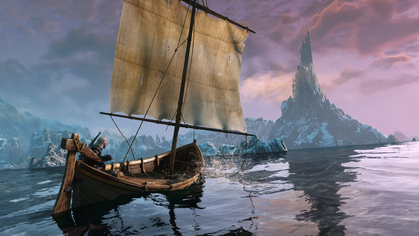 Geralt sails a small wooden boat across a cold sea toward a tall spire of black rock under a pink sky
