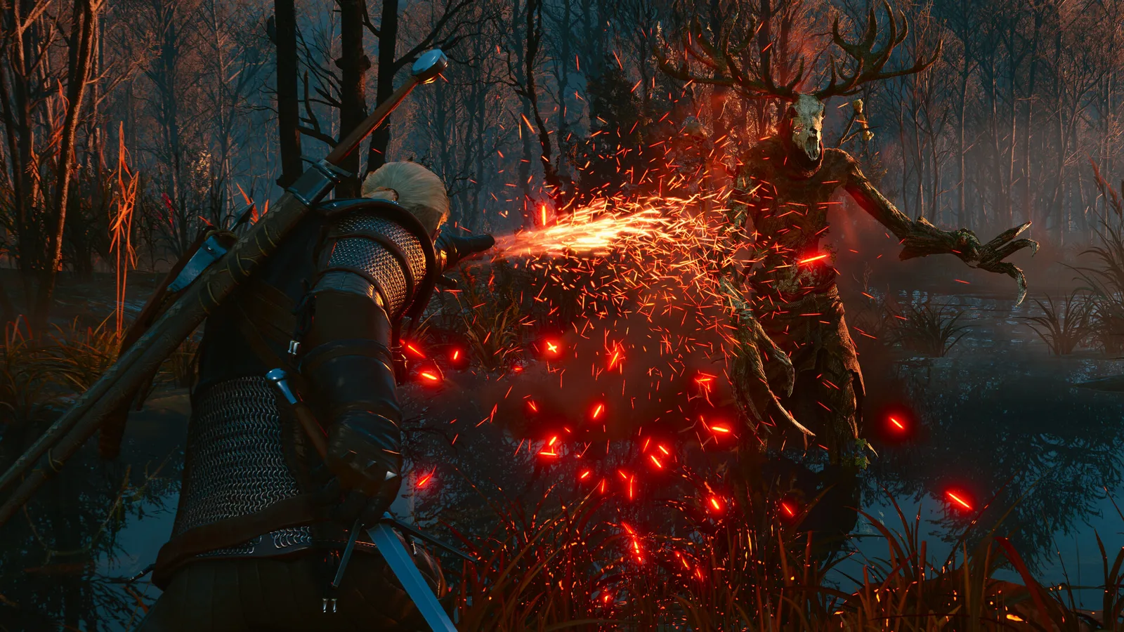 Geralt casts a sign in a burst of red sparks at a horned, tree-like monster in a dark swamp forest
