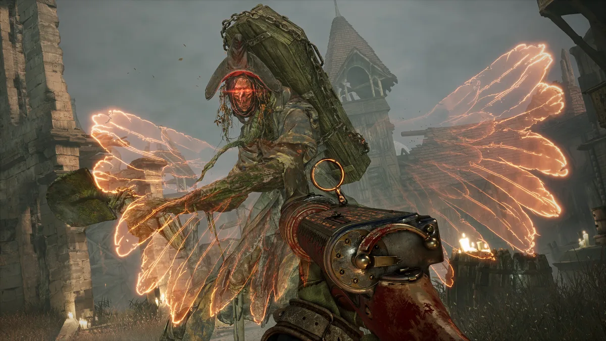 Witchfire 0.9 gameplay showing witch hunter combat in a dark coastal environment with atmospheric fog and enemy encounter
