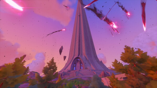 A tall stone spire rising above a hillside forest under a dramatic pink sky with falling debris