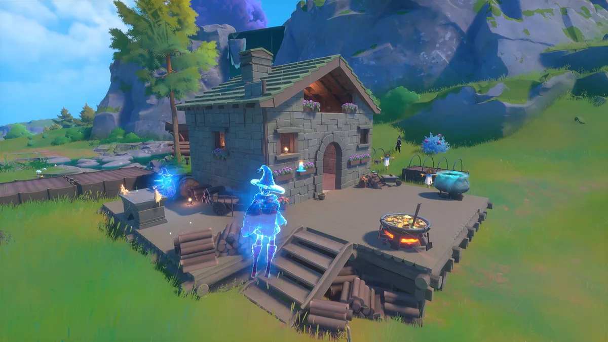 A witch's stone cottage on a raised wooden platform with a hooped garden trellis structure standing off to the side, a cauldron cooking on the deck, and a ghostly blue witch spirit nearby
