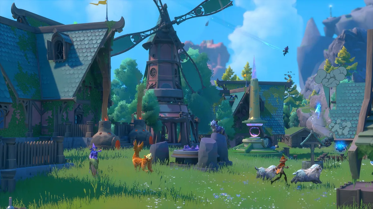 A wooden windmill tower with turning blades standing beside a witch village building, the structure Wheat is milled into Flour at