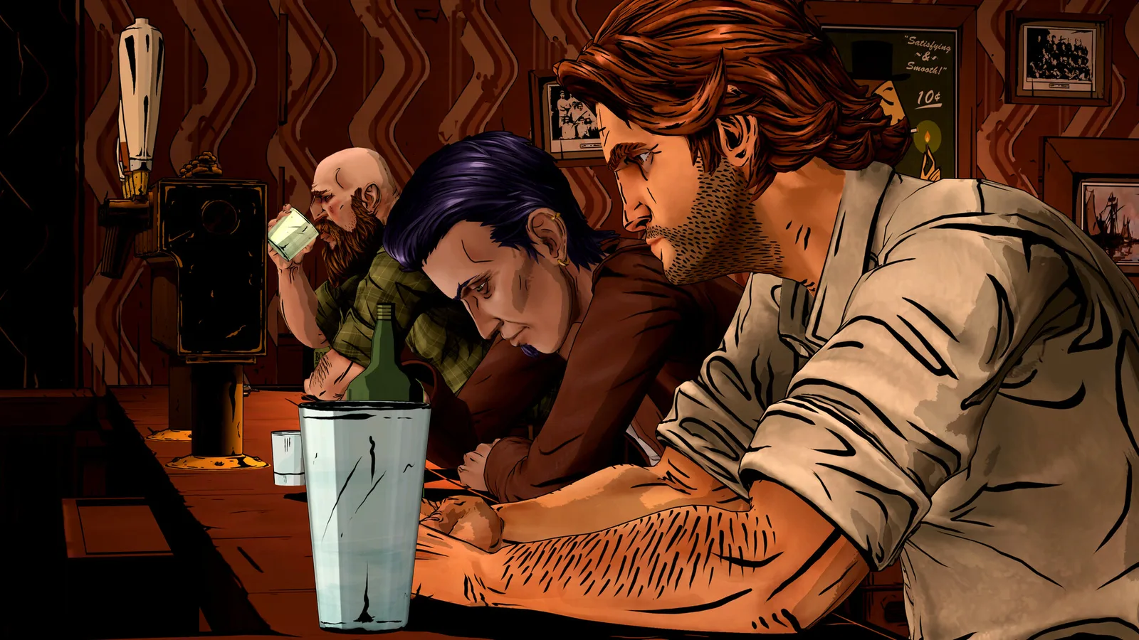 Bigby leans on a bar counter next to a dark-haired woman and a bald, bearded man drinking from a glass