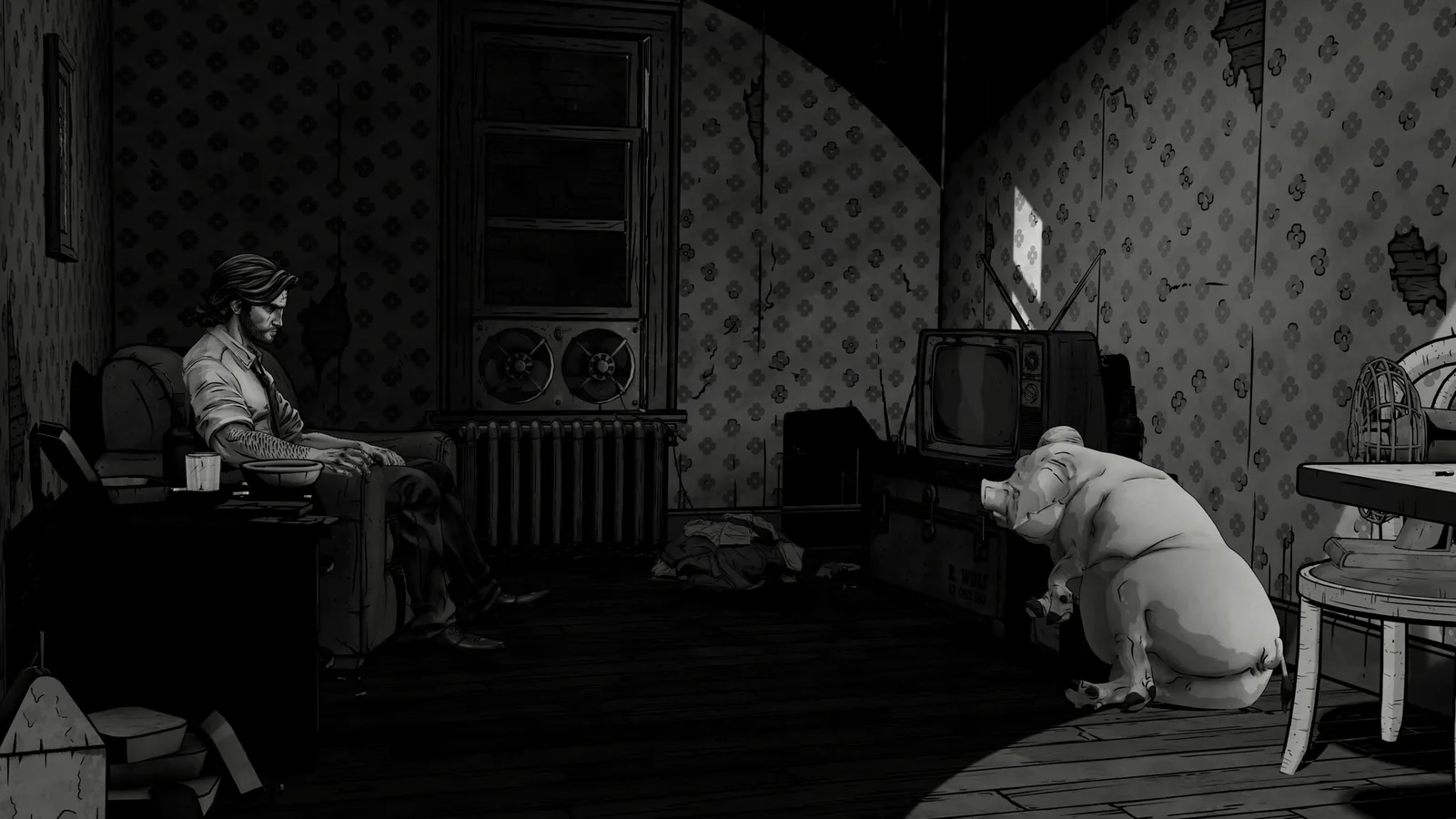 Black-and-white shot of Bigby slumped in an armchair in a shabby apartment while a large pig sits by an old TV
