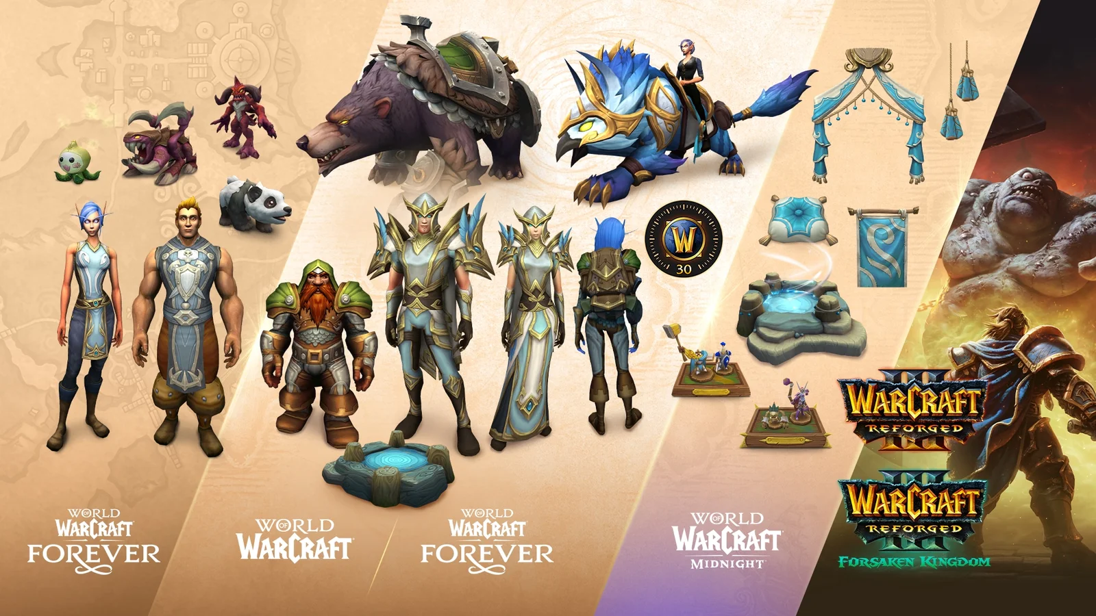 Pack contents art: Skyborne outfits, a blue feathered mount, an armored bear mount, pets, housing decor and Warcraft III art